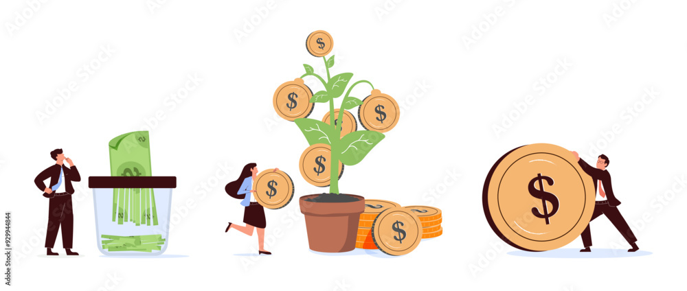 Fototapeta premium Flat, сartoon, vector Illustration collection. Different successful people characters making money. Business and finance