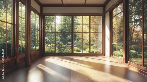 Sunlight streaming through large windows in a modern, wood-paneled room with hardwood floors.