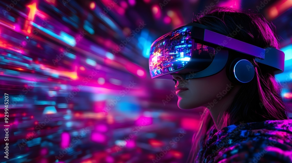 Woman in VR Headset with Neon Lights Woman in VR Headset with Neon Lights
