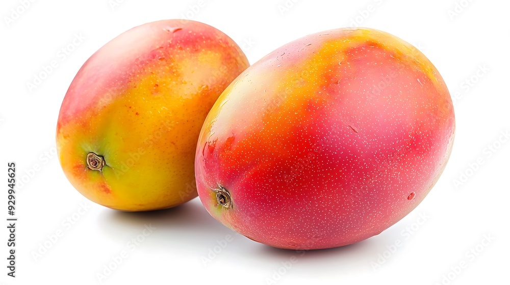 Two fresh, ripe mangoes with red skin and yellow flesh, isolated on a white background. Two fresh, ripe mangoes with red skin and yellow flesh, isolated on a white background.