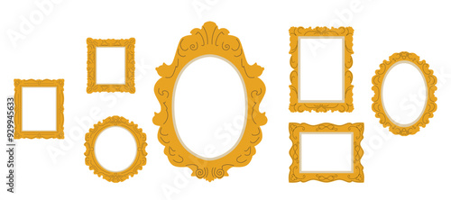Victorian-style frames set. Antique vintage picture and mirror borders, decorative baguettes. Golden carved design