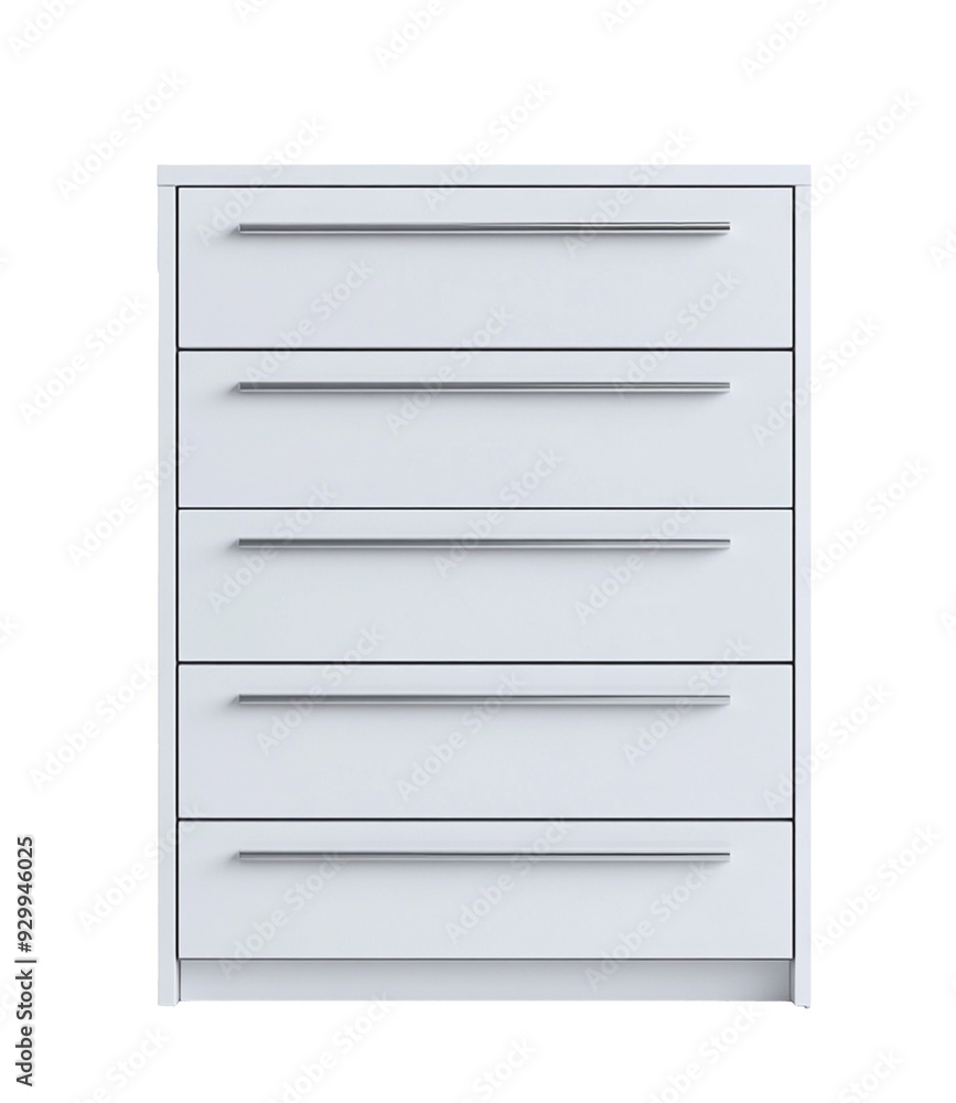 White dresser with sleek drawers, straight view isolated on no background White dresser with sleek drawers, straight view isolated on no background