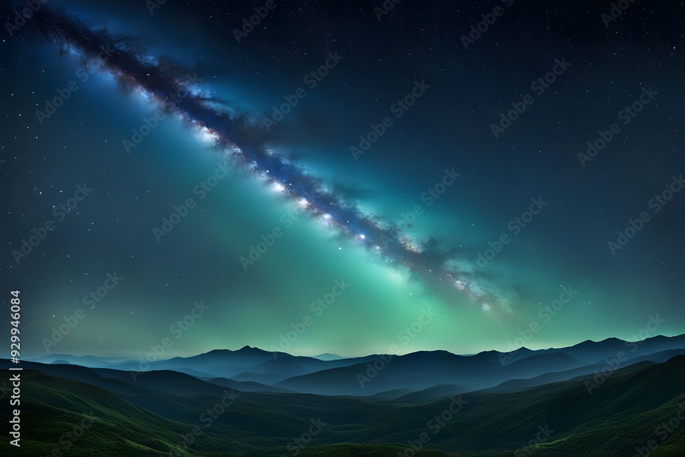 A distant galaxy with a mix of cool blues and greens set against the backdrop of a starry night sky, AI Generated A distant galaxy with a mix of cool blues and greens set against the backdrop of a starry night sky, AI Generated