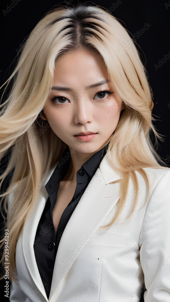 A beautiful Japanese woman with long blond hair wears a white suit A beautiful Japanese woman with long blond hair wears a white suit