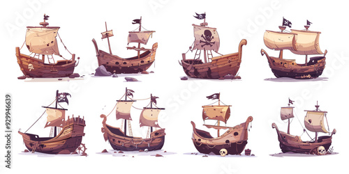 Shipwreck cartoon vector set. Ships skull bone black roger flag old sunken galleon caravelle broken sailing boats abandoned destroyed pirates vessels illustration isolated on white background