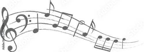 Musical notes. Treble clef on sheet music. Musical note icons in grunge style.