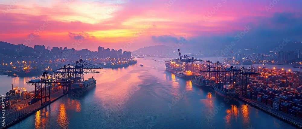 Aerial View of a Busy Harbor at Sunset Aerial View of a Busy Harbor at Sunset