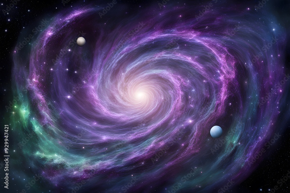 A mystical galaxy with swirling green and purple gases surrounded by shimmering stars, AI Generated A mystical galaxy with swirling green and purple gases surrounded by shimmering stars, AI Generated