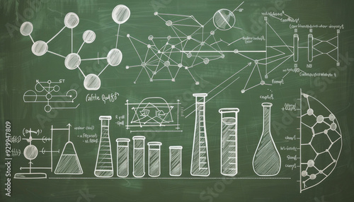 A green chalkboard covered with various drawings like schematic diagrams and circles photo