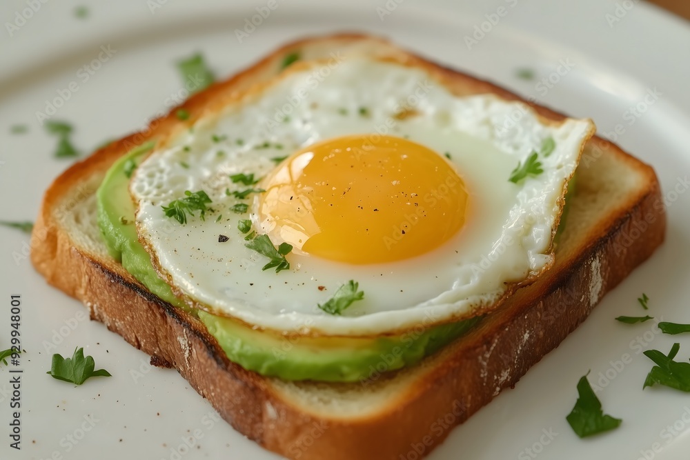 A freshly made toast with avocado and a fried egg A freshly made toast with avocado and a fried egg