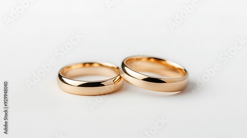 Two gold wedding bands on white background.