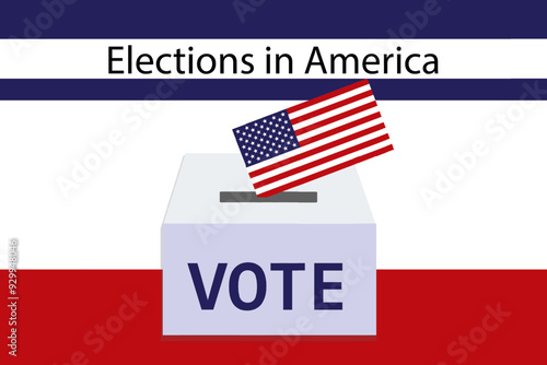 Banner with the United States presidential election, the text Elections in America, voting booth with the USA flag
