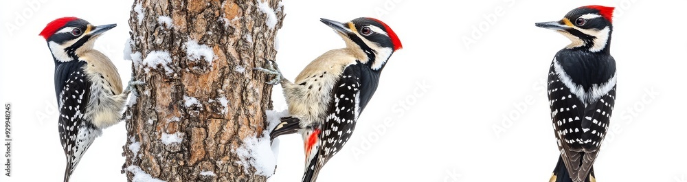 Birds of the woodpecker family on a branch, isolated on white