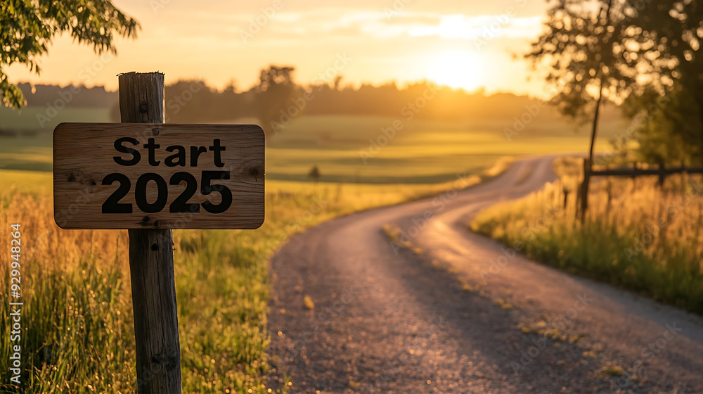 A rustic wooden sign displaying Start 2025 on a tranquil country road during sunset, with warm hues of the setting sun illuminating the scene A rustic wooden sign displaying Start 2025 on a tranquil country road during sunset, with warm hues of the setting sun illuminating the scene