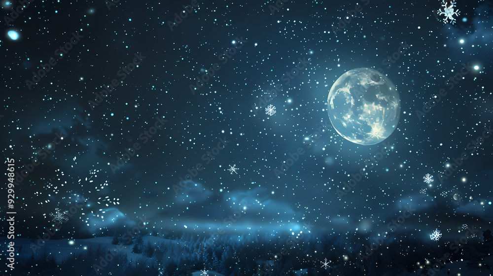 Fototapeta premium Christmas Night Sky. A starry night sky with a full moon and snowflakes