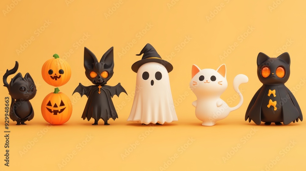 Obraz premium Characters for Halloween,ghost, witch,pumpkin and black cat, party costume character collection,banner horror vector set design,kids party mascot collection,trick or treat,sale october season.