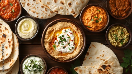 Middle Eastern Mediterranean traditional lunch spread Hummus olive oil Dip Flatbread Vegetarian food Bowl with creamy tzatziki sauce Parsley Chickpeas Delicious appetizer Fresh pita Wooden table 
