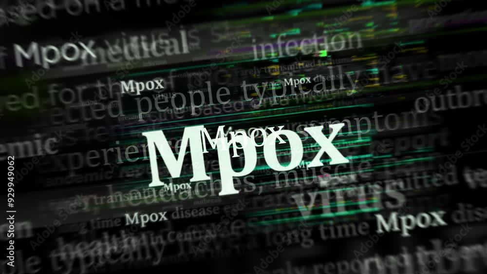 Mpox monkeypox epidemic headline news across international media. Concept of news titles on noise displays loop. TV glitch effect seamless and looped. Mpox monkeypox epidemic headline news across international media. Concept of news titles on noise displays loop. TV glitch effect seamless and looped.