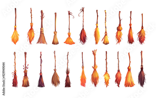 Sorceress brooms cartoon vector collection. Wooden witch staffs branches twigs soaring enchantment occult ceremonies magic spellcasting halloween props, artworks isolated on white background