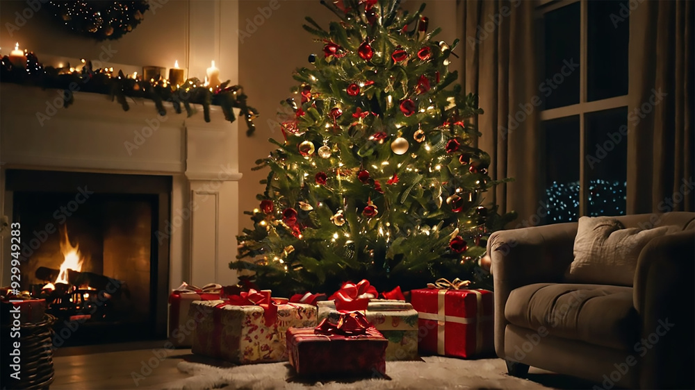 Fototapeta premium interior christmas. magic glowing tree, fireplace, gifts in dark, Christmas interior with fireplace