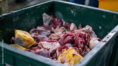 Restaurant wasted food red meat in a plastic trash can container or box Thrown away steak dinner Garbage bin Ecology recycling Animal products Dirty environment Junk