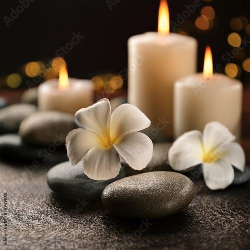 Flowers Pebbles and Candles Low Key Spa Concept. Health and beauty concept image.