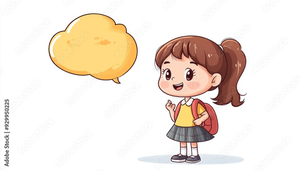 A cheerful little girl carrying a colorful backpack is happily standing next to a speech bubble A cheerful little girl carrying a colorful backpack is happily standing next to a speech bubble