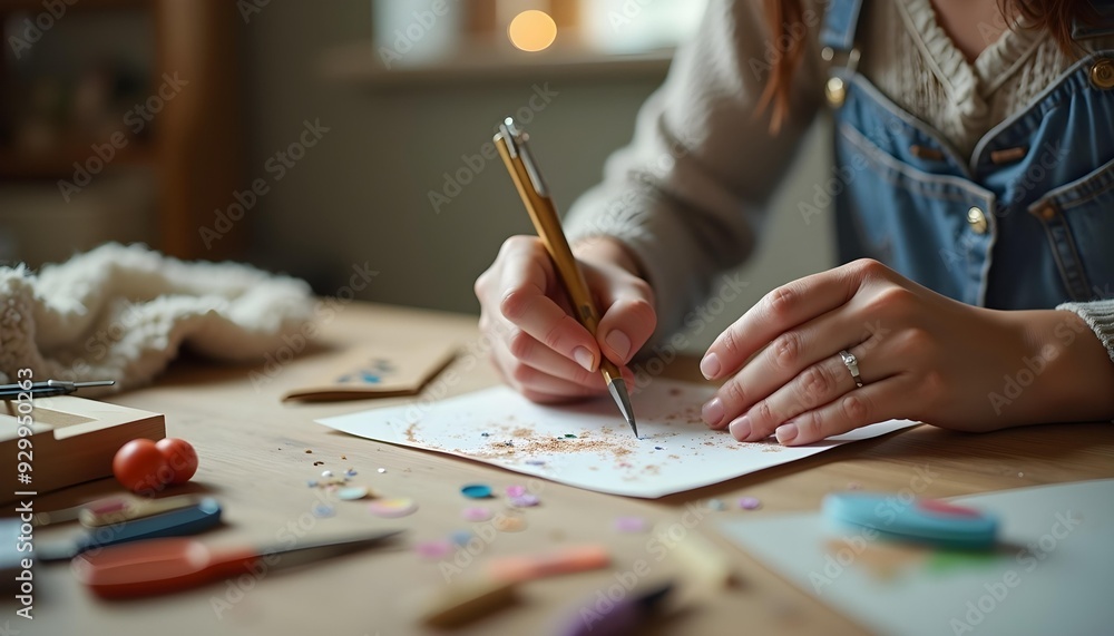 Person engaged in a DIY project at home, with crafting materials and tools spread out on the table. Captured with a standard lens in soft indoor light, highlighting a cozy and artistic atmosphere. Person engaged in a DIY project at home, with crafting materials and tools spread out on the table. Captured with a standard lens in soft indoor light, highlighting a cozy and artistic atmosphere.