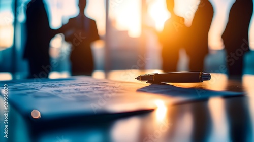 Pen on Paper, Business Meeting, Golden Hour Sunlight