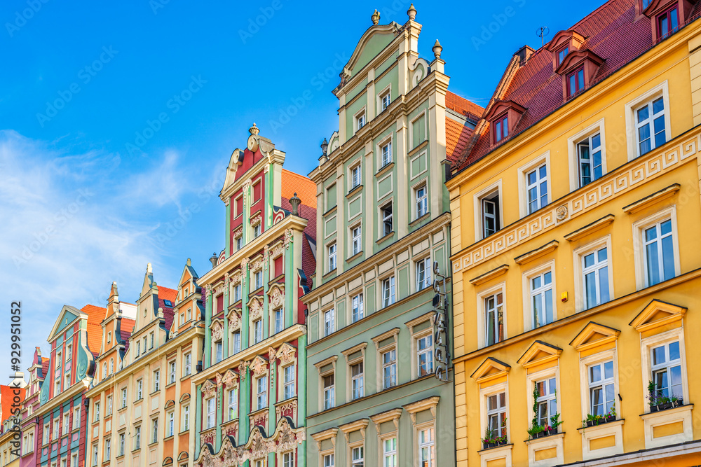 Wrocław , Poland: Colorful baroque style town houses in the Market Square of Wroclaw old town in black and white Wrocław , Poland: Colorful baroque style town houses in the Market Square of Wroclaw old town in black and white