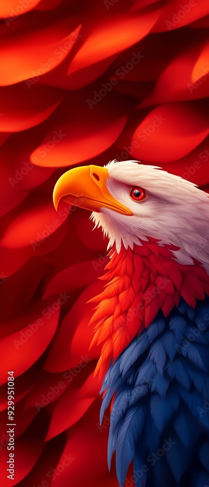 Fototapeta premium A majestic eagle with vibrant feathers and intense gaze, set against a dramatic red background, symbolizing power and freedom.