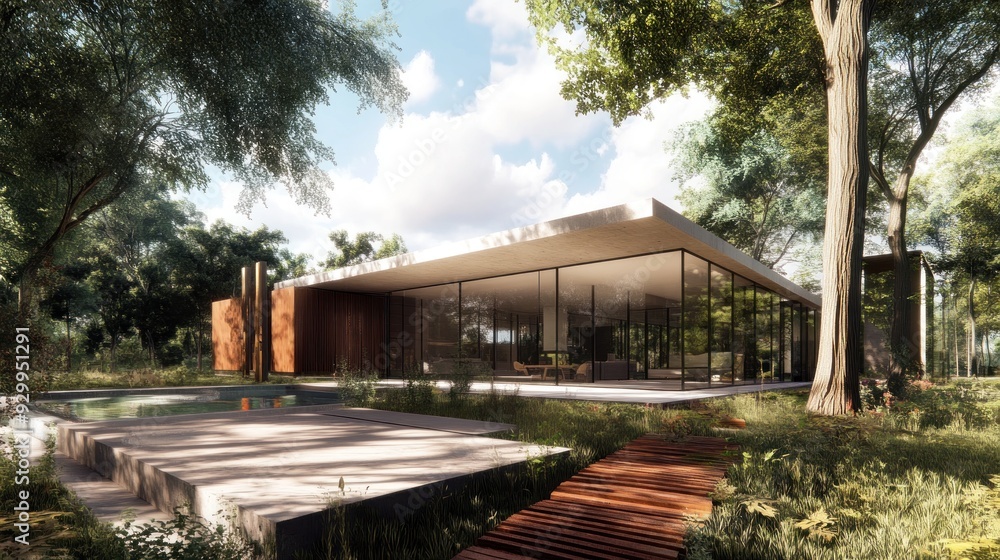 Modern home with a pool, surrounded by trees and a walkway. Modern home with a pool, surrounded by trees and a walkway.