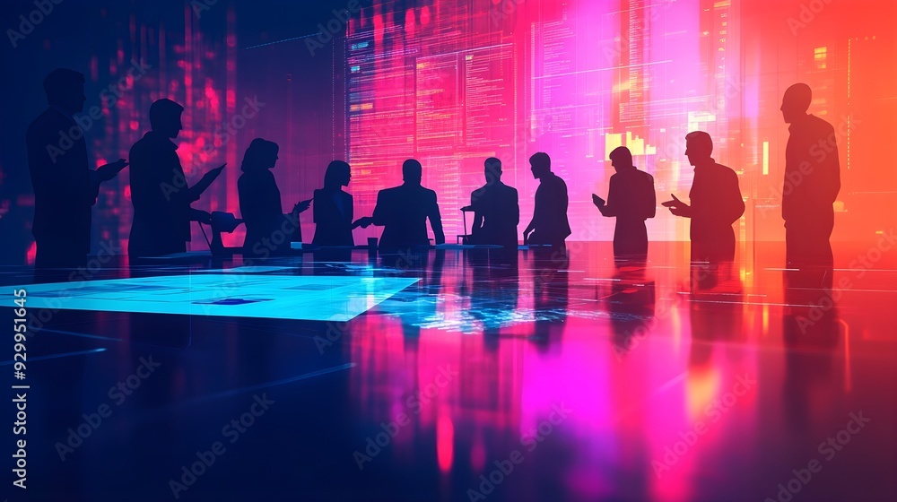 Silhouettes of Businesspeople in a Futuristic Meeting Room Silhouettes of Businesspeople in a Futuristic Meeting Room