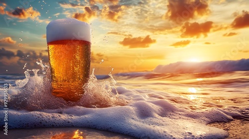 Beer falling from the sky, vivid colors, tropical beach, sunset, surrealism, foamy waves, exhilarating feel, magical mood