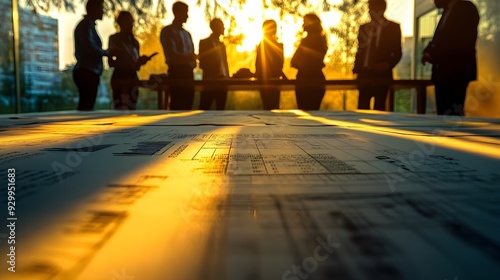 Silhouettes of Business Professionals in Sunset Office Meeting