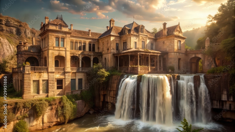 Fototapeta premium An Enchanting Stone Mansion Cascading Over a Waterfall