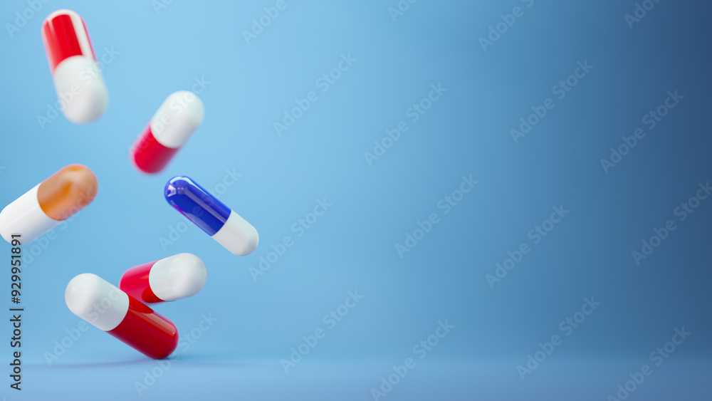 Medical or scientific background with antibiotic pills or other pharmaceutical drugs, falling pills on a blue background with space copy, 3d rendering Medical or scientific background with antibiotic pills or other pharmaceutical drugs, falling pills on a blue background with space copy, 3d rendering