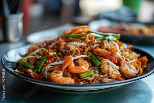 Smoky and Savory Char Kway Teow on a Hawker Stall Plate photo