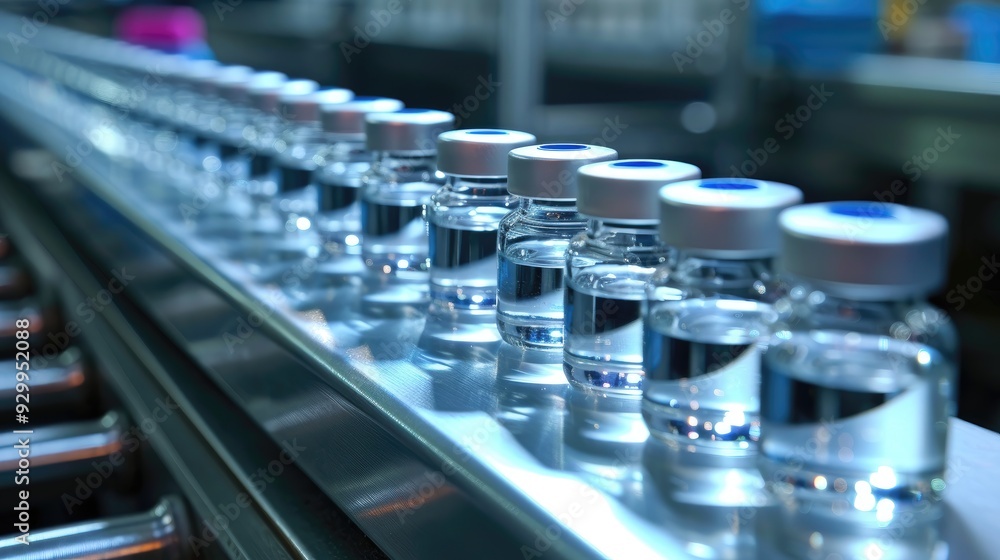 A row of clear bottles with blue lids on a conveyor belt A row of clear bottles with blue lids on a conveyor belt
