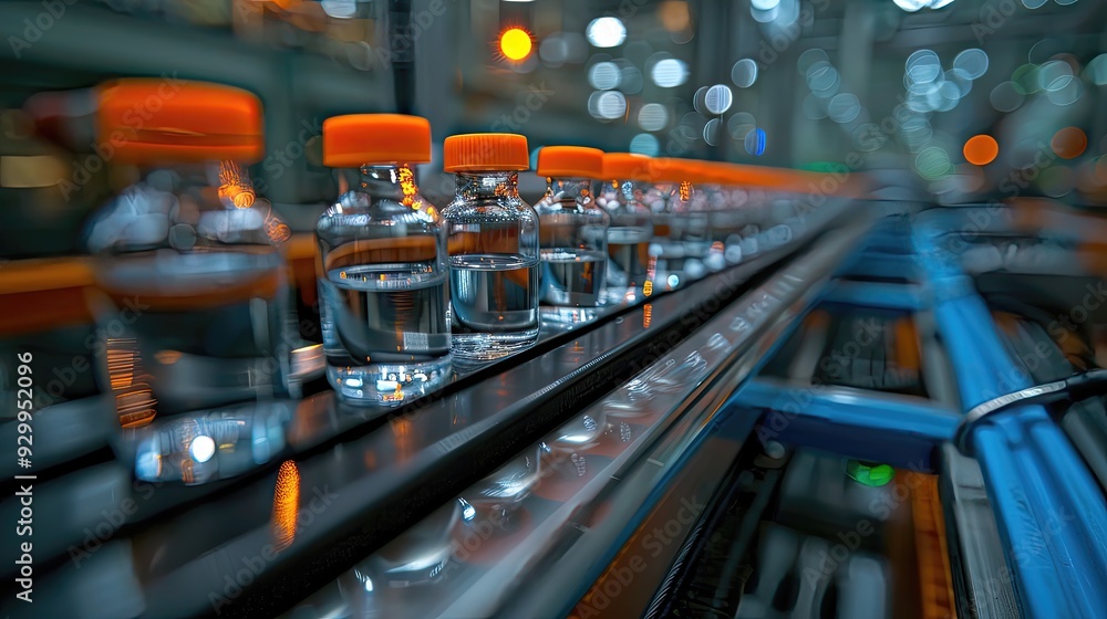 Bottles of water are being made on a conveyor belt Bottles of water are being made on a conveyor belt