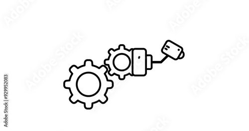 Gears icon work with camera. Black on white. Footage. Alpha channel.