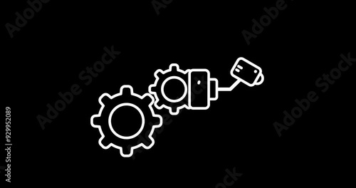 Gears icon work with camera. Footage. White on black. Alpha channel.