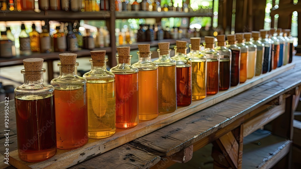 A row of bottles of different colored liquids on a wooden table A row of bottles of different colored liquids on a wooden table