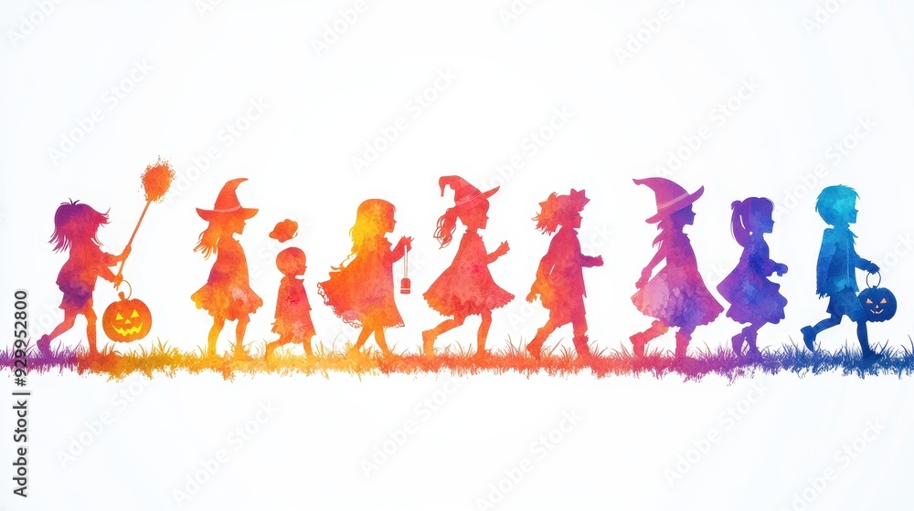 Fototapeta premium Black shadow of Children dressed in Halloween fancy dress on hallloween background,go Trick or Treating Halloween night,Jack O Lantern,october banner,horror spooky season,Illustration for holiday.