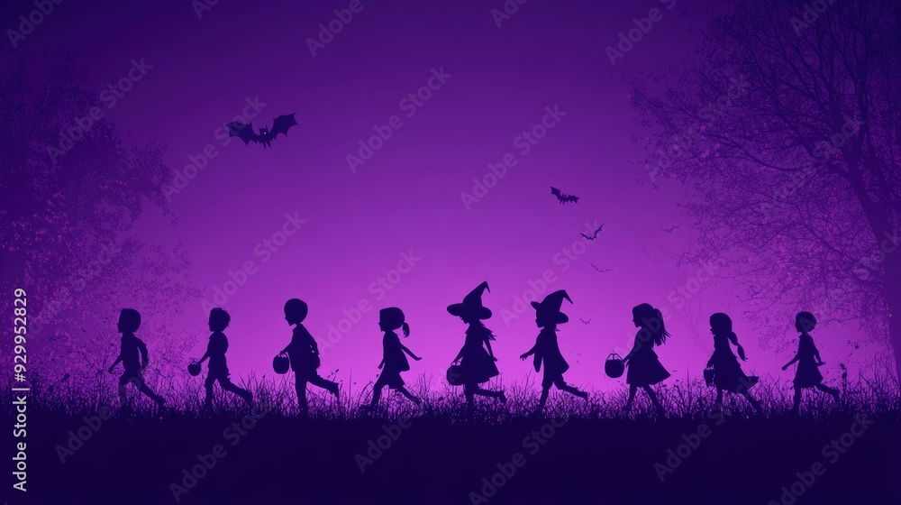 Black shadow of Children dressed in Halloween fancy dress on hallloween background,go Trick or Treating Halloween night,Jack O Lantern,october banner,horror spooky season,Illustration for holiday. Black shadow of Children dressed in Halloween fancy dress on hallloween background,go Trick or Treating Halloween night,Jack O Lantern,october banner,horror spooky season,Illustration for holiday.