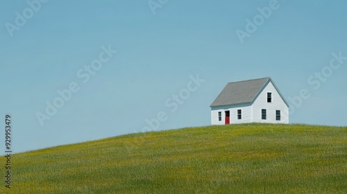 A white house with a red door sits on a grassy hilltop under a blue sky.