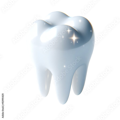 Glossy 3D tooth with sparkle effect isolated. Digital rendering of dental care and oral hygiene concept for design and print.