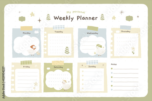 Simple Cute Duck Hand Drawn Weekly Planner in Watercolor Style