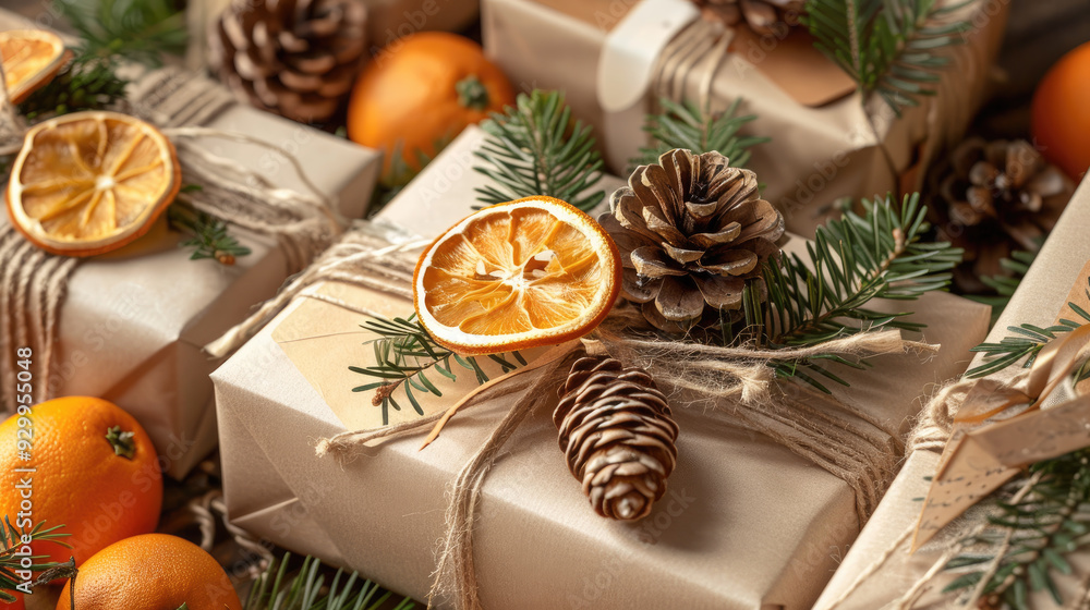 A set of eco-friendly gift wrapping made from craft paper and decorated with natural elements A set of eco-friendly gift wrapping made from craft paper and decorated with natural elements