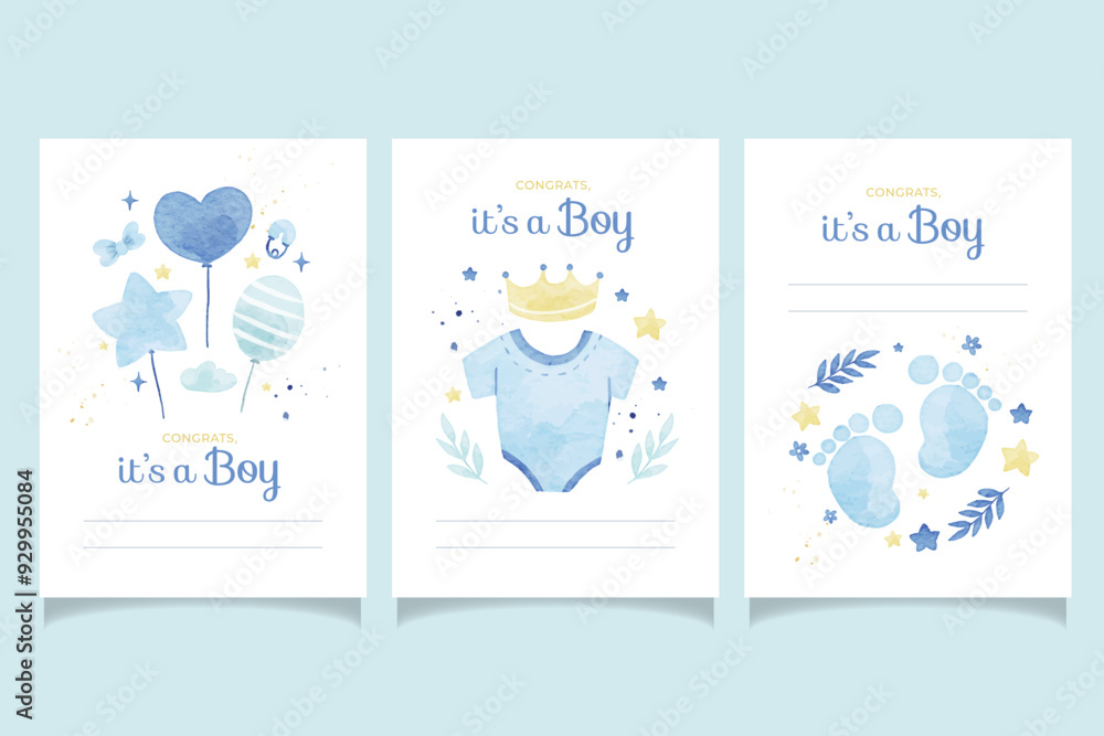 Baby Boy Cover Card Collection Set in Watercolor Style Baby Boy Cover Card Collection Set in Watercolor Style